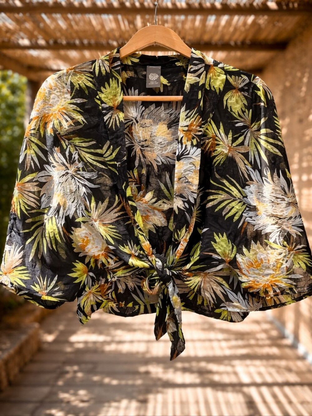 Vince Camuto, Sheer Boho Tie-Front Floral Crop Top - Black/Green/Yellow